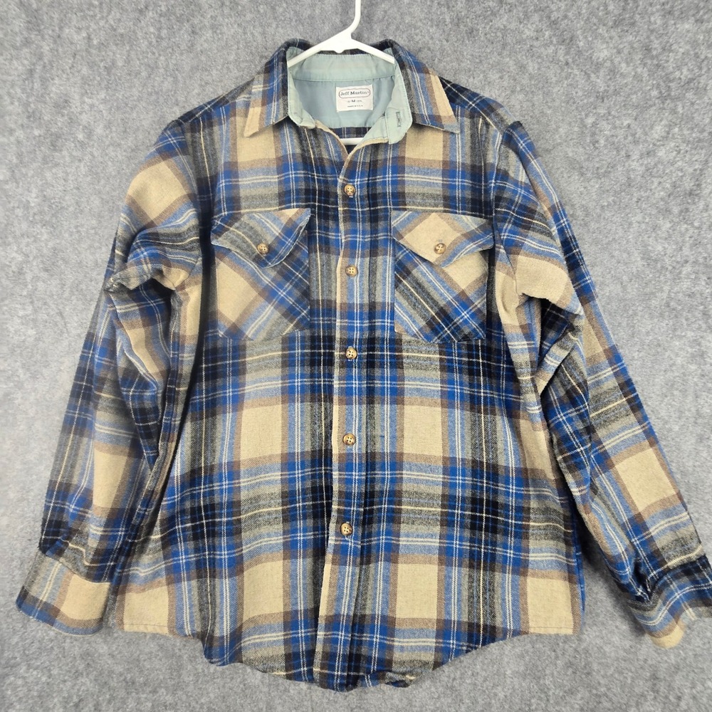 Jeff Martin Flannel Shirt Mens M Blue Tan Plaid Regular Fit Wool Blend USA